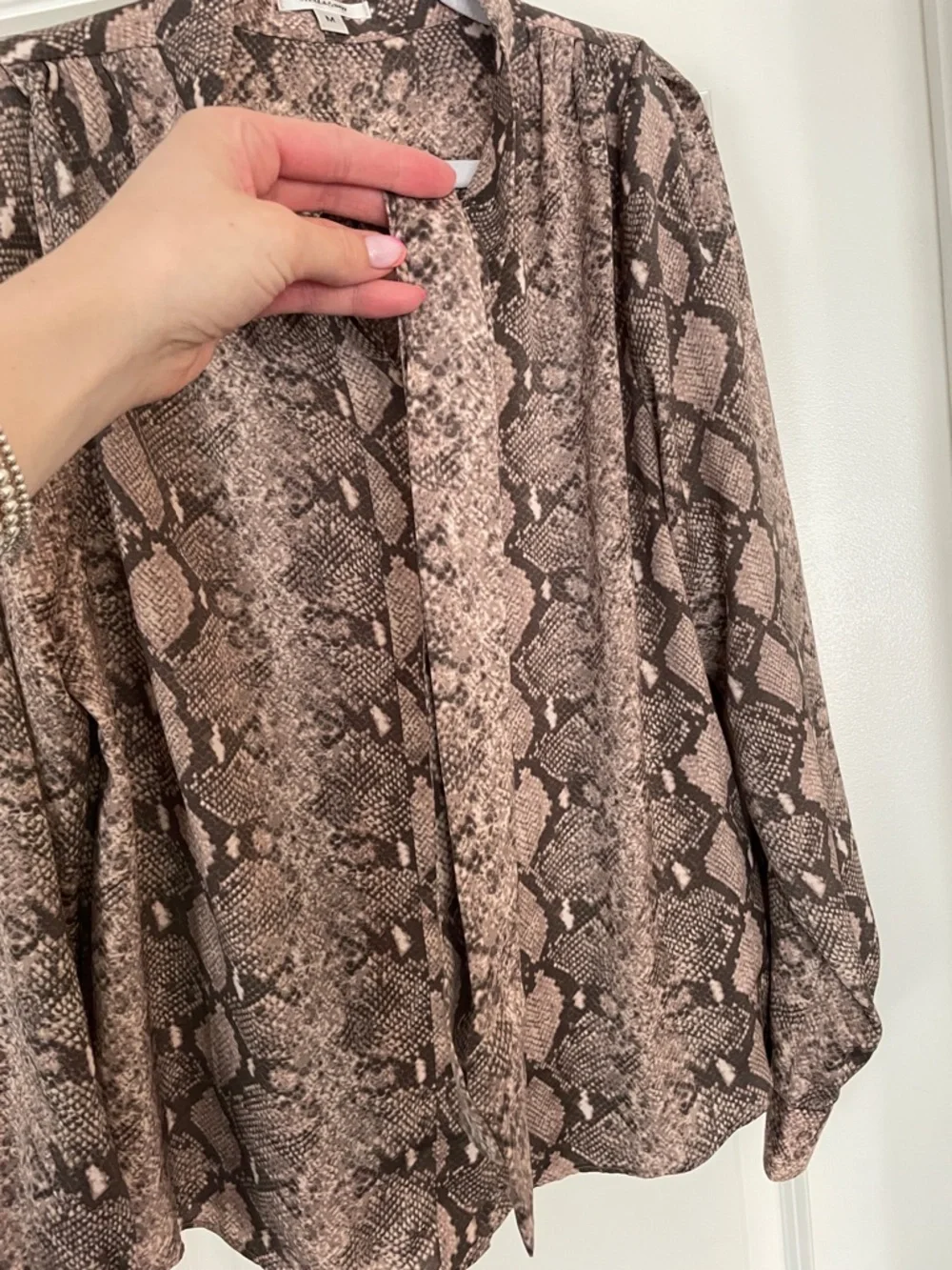 Stella & Dot Taupe and Brown Snake-Print Tie-Neck Blouse - Picture 10 of 16
